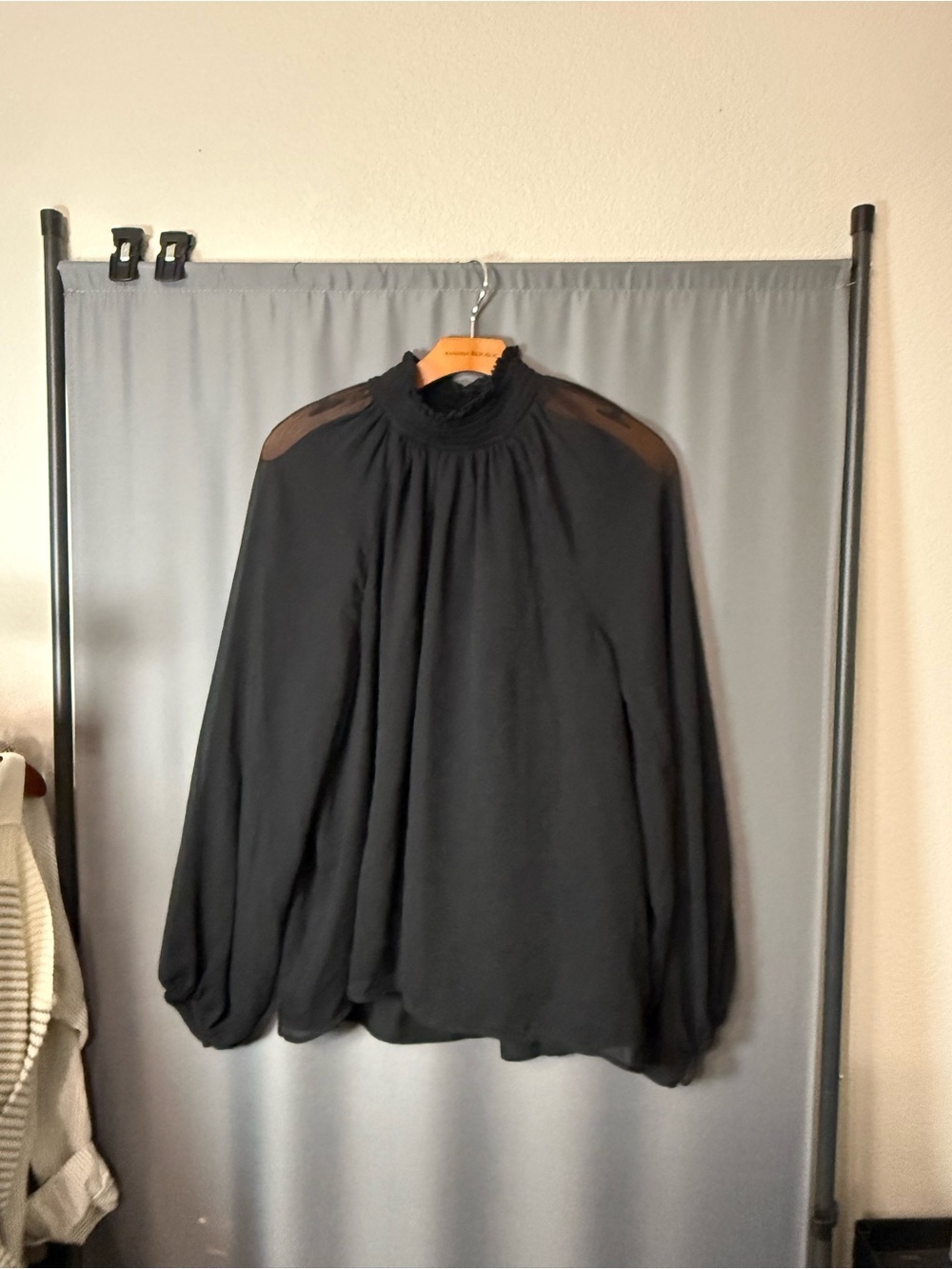 Joie Black Sheer-Yoke Smocked-Neck Long Balloon Sleeve Blouse